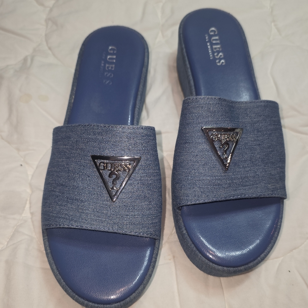GUESS Denim Platform Slide Sandals Blue Logo Size 8